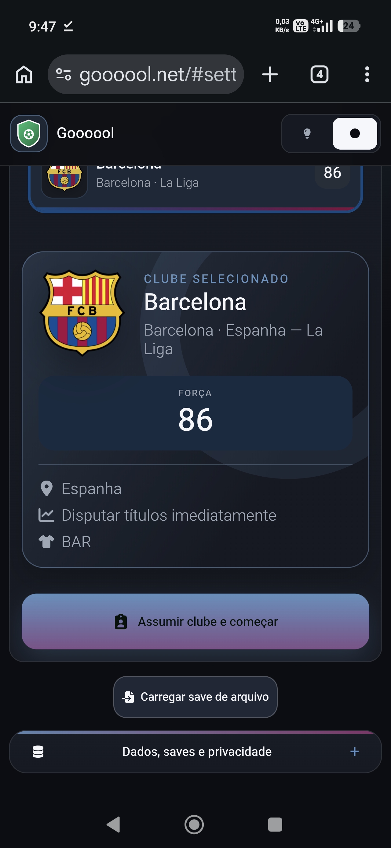 Tela mobile da carreira no Goooool.net